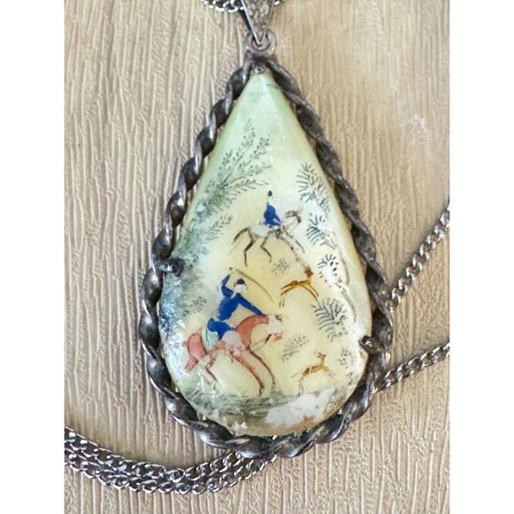 Vintage Persian Hand-Painted Teardrop Pendant Necklace W/ Horse & Bird Design Mo - Picture 2 of 6